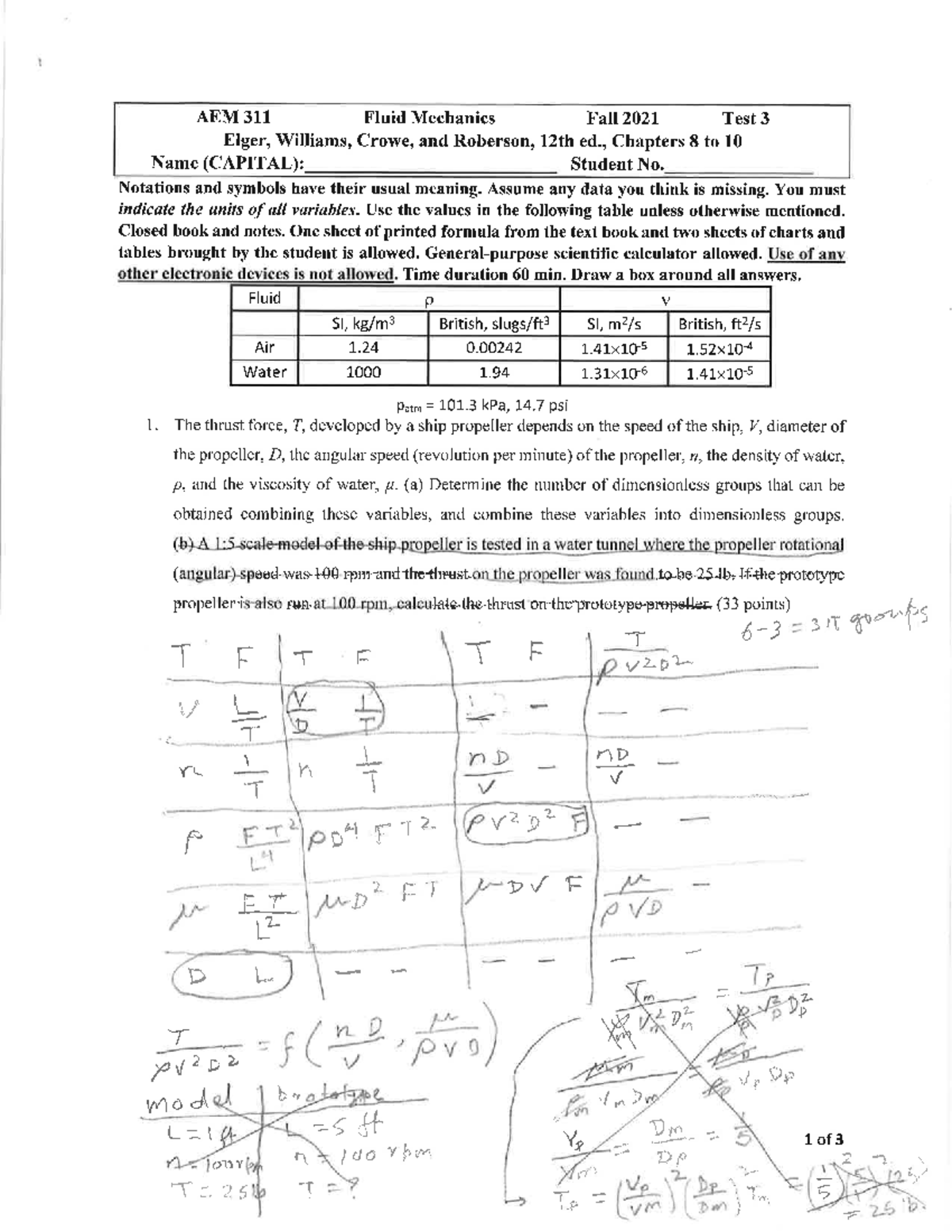 AEM 311 Fluid Mechanics Fall 2021 Test 3 Practice Exam Review - Studocu