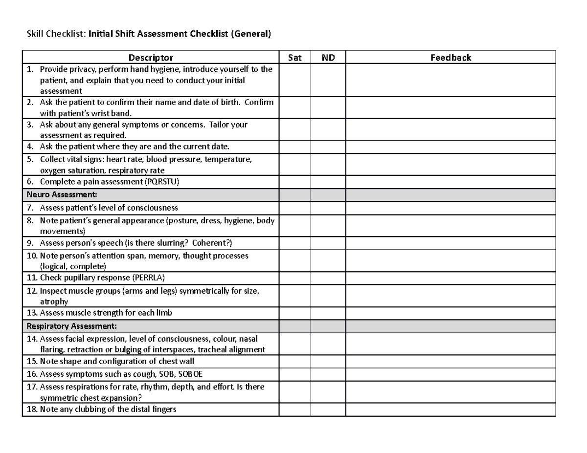 Initial Shift Assessment Checklist (General) - Skill Checklist: Initial ...