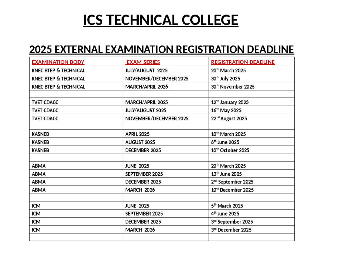 2025 External Exam Registration Deadlines - ICS Tech College - Studocu