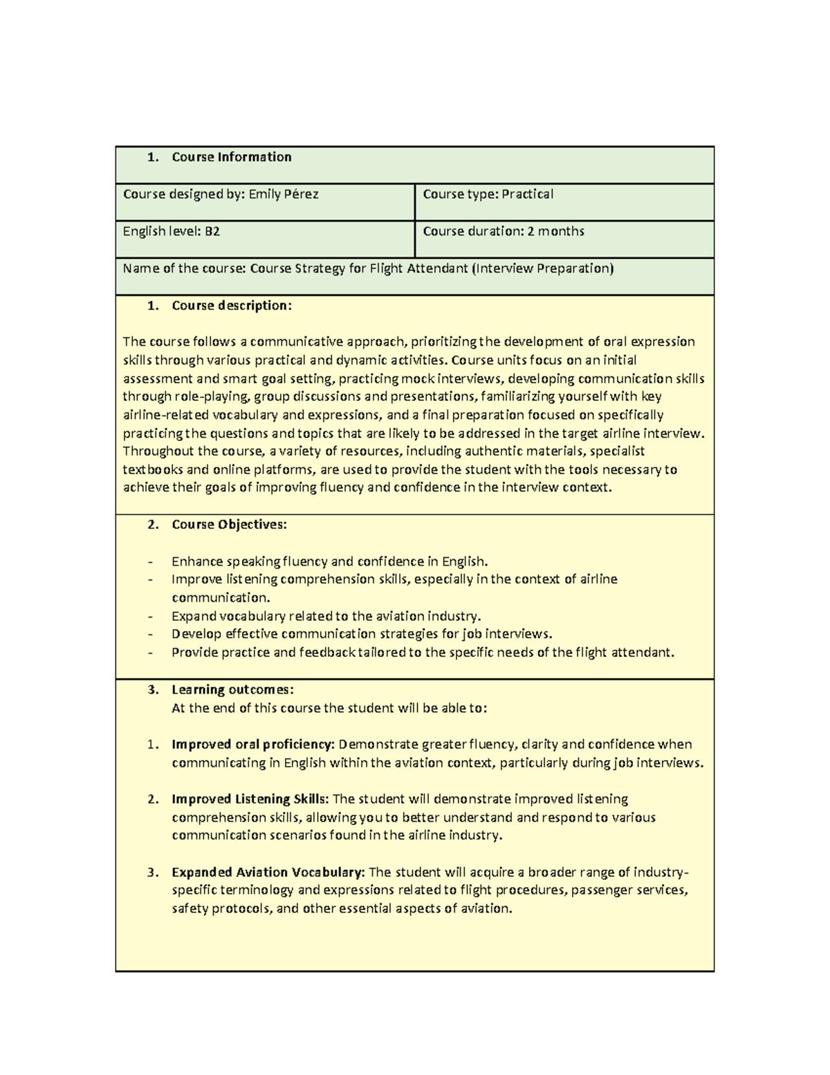ESP Syllabus: Course Strategy for Flight Attendant Interview Prep - Studocu