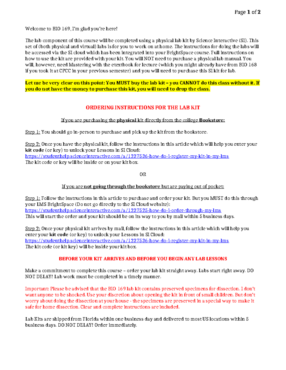 BIO 169 Lab Kit Ordering Instructions and Setup Guide - Studocu