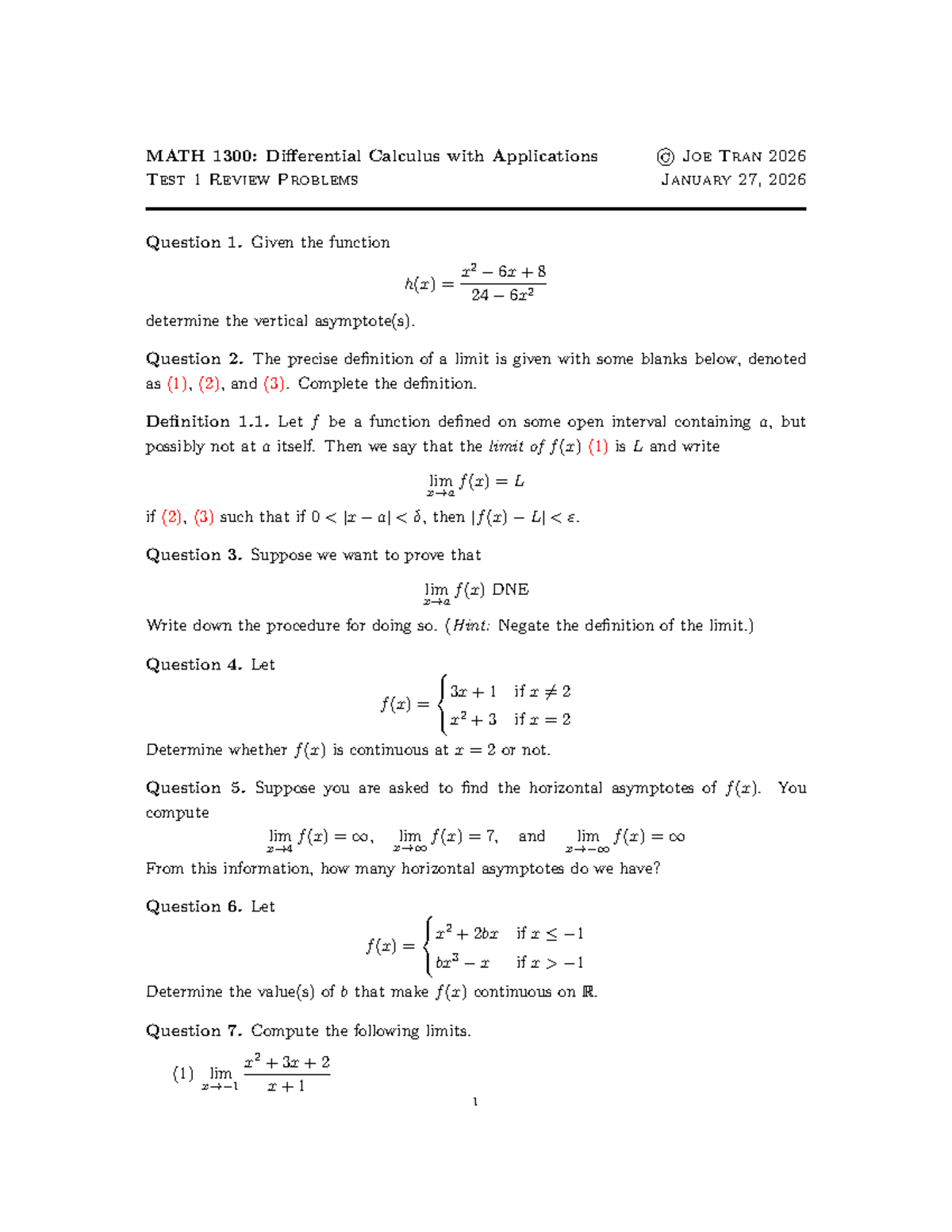 MATH 1300: Differential Calculus Test 1 Review Problems - Studocu