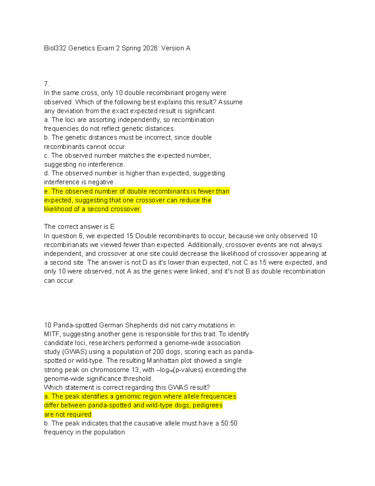 Biol332 Genetics Exam 2 Spring 2026: Key Concepts and Answers - Studocu