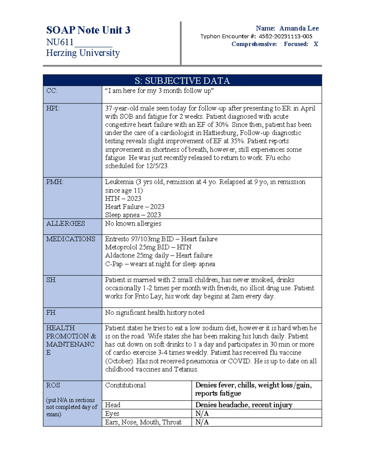 SOAP Note #3 - NU611 Comprehensive Assessment and Plan - Studocu