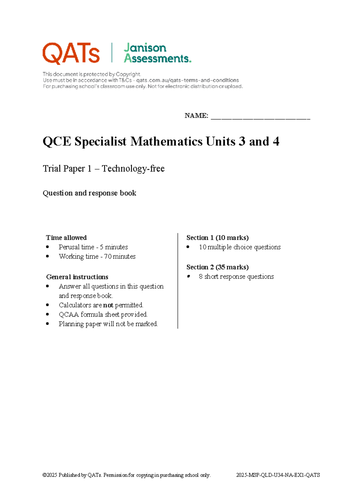 QCE Specialist Mathematics Units 3 & 4 Trial Paper 1 Responses - Studocu