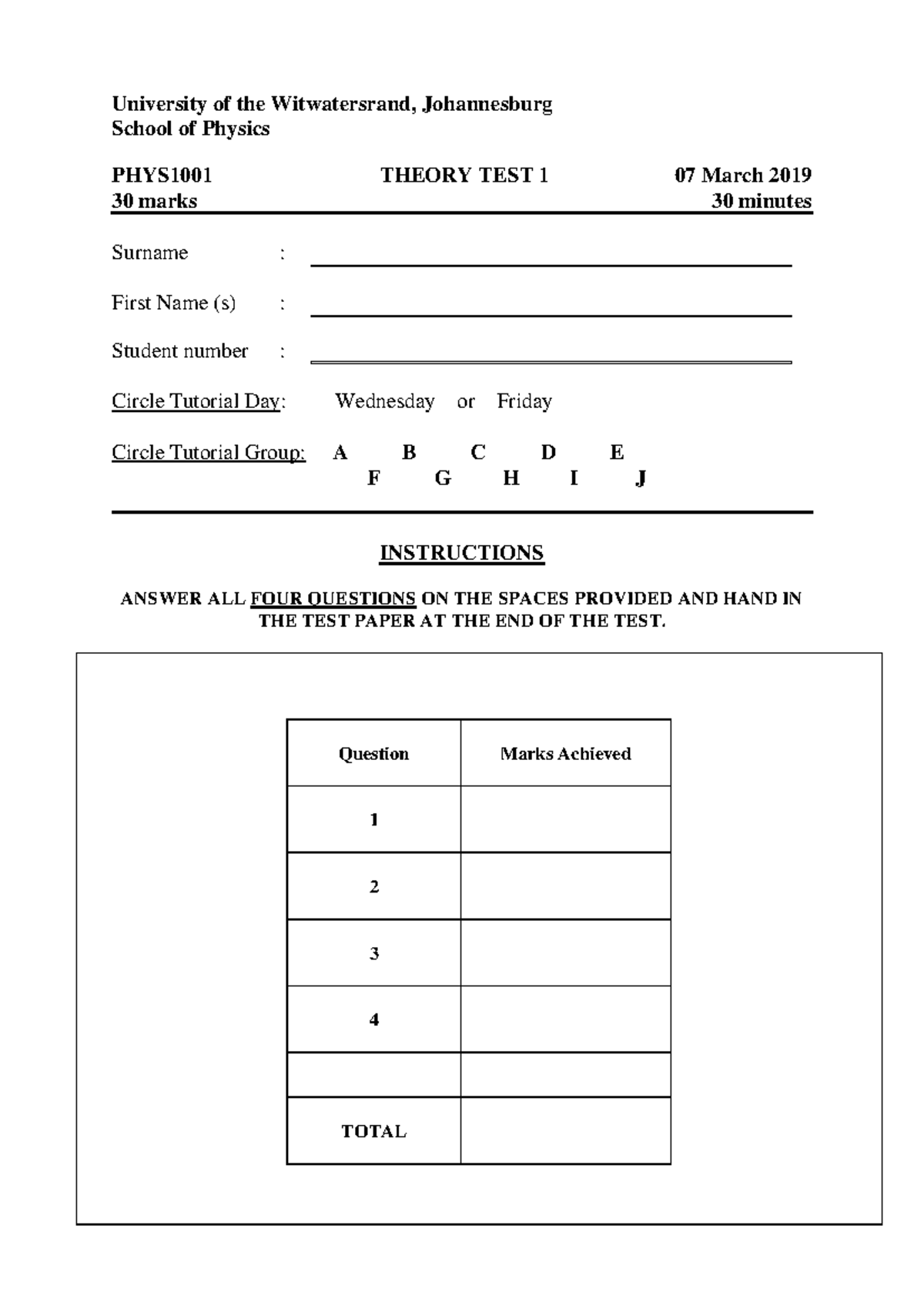 PHYS1001 Theory Test 1 Questions and Instructions (2019) - Studocu