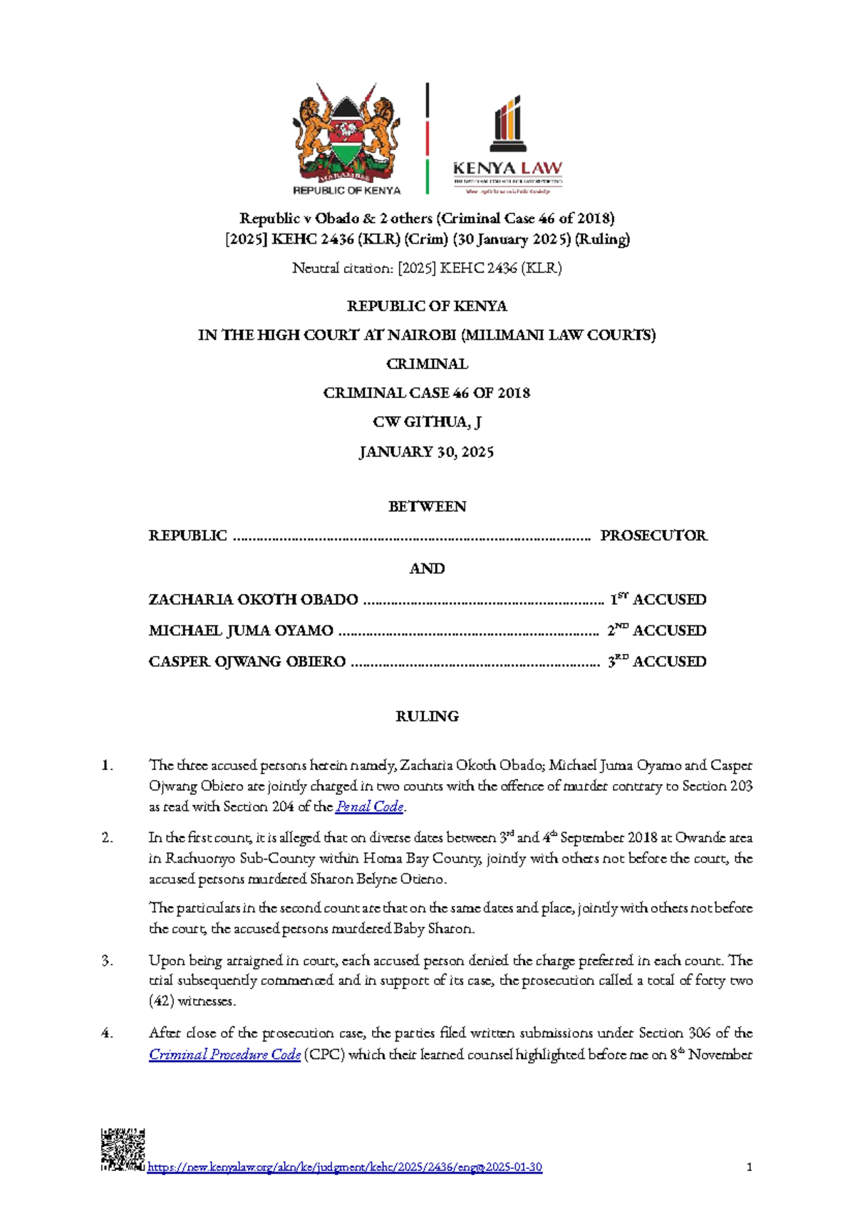 Republic v Obado & 2 Others (Criminal Case 46/2018) Ruling Analysis ...