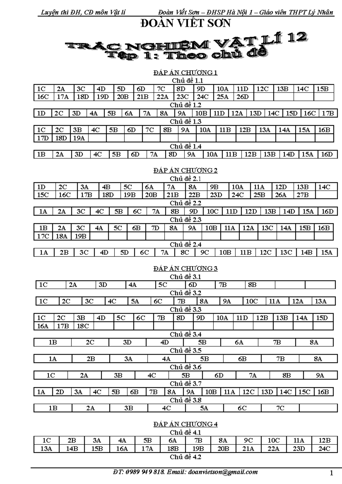 TRAC Nghiem VAT LI 12 - DVS - ĐOÀN VIẾT SƠN ĐÁP ÁN CHƯƠNG 1 Chủ đề 1 ...