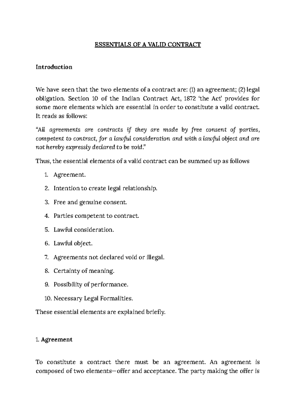 Assignment AND VIVA: Essentials of a Valid Contract in Indian Law - Studocu