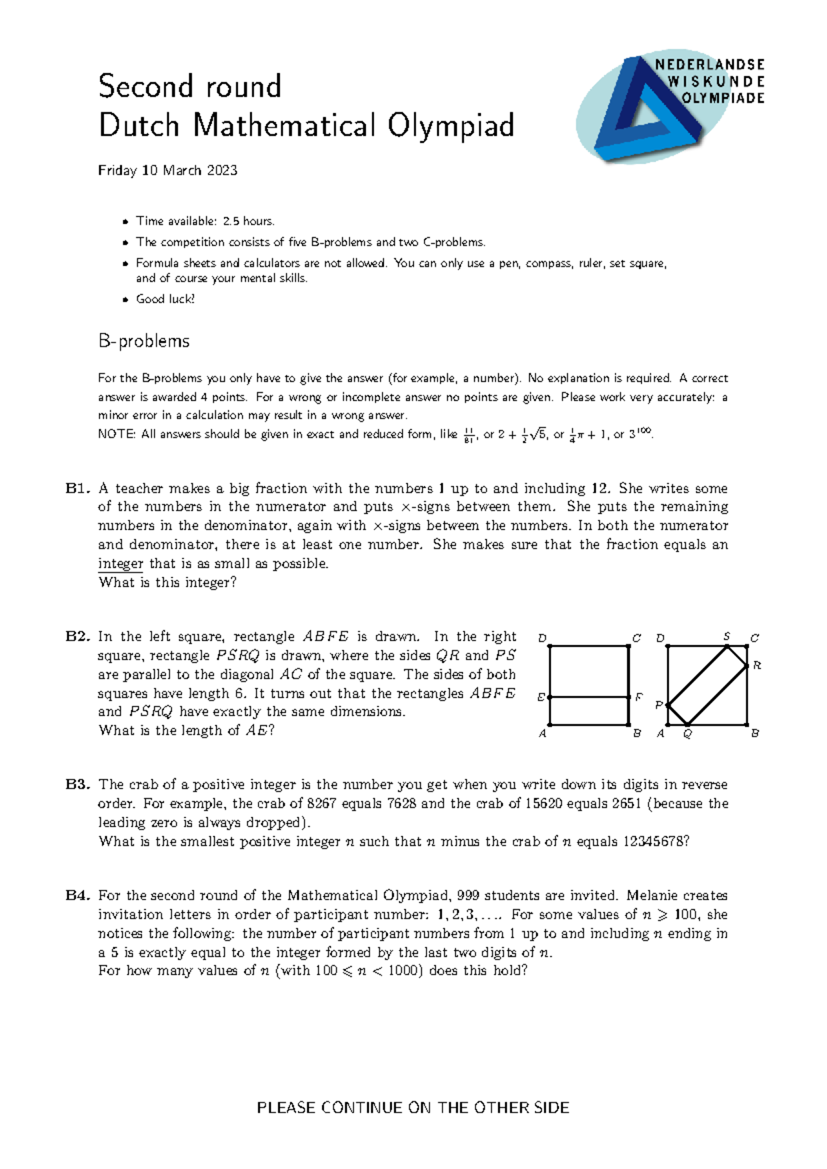 Second Round Dutch Math Olympiad Problems - 10 Mar 2023 - Studeersnel
