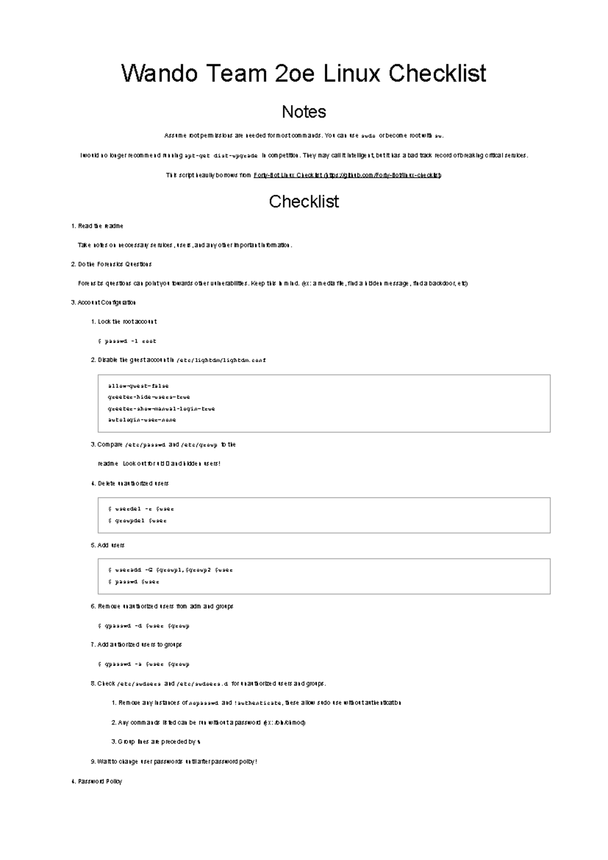 Wando Team 2oe Linux Security Checklist and Configurations Guide - Studocu