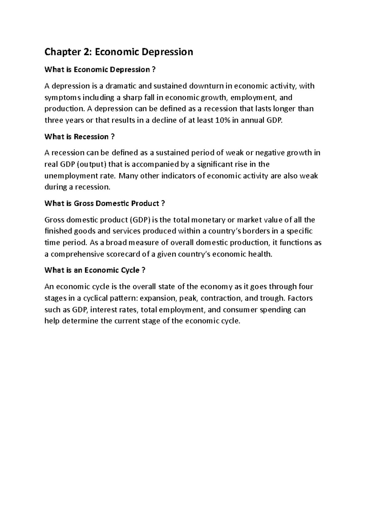 Chapter 2: Understanding Economic Depression and Related Concepts - Studocu