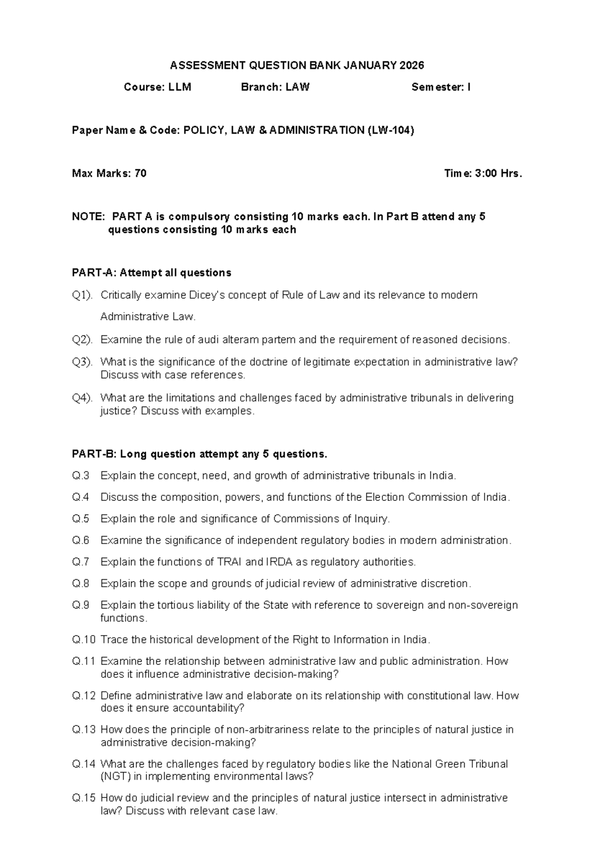 LLM I Semester Assessment Question Bank - Policy, Law & Administration ...