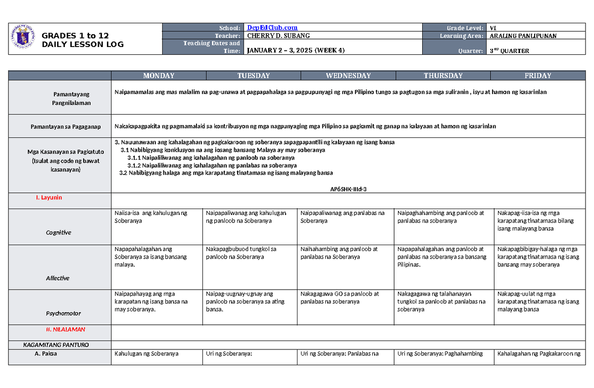 DLL Araling Panlipunan 6 Q3 W4 - GRADES 1 to 12 DAILY LESSON LOG School ...