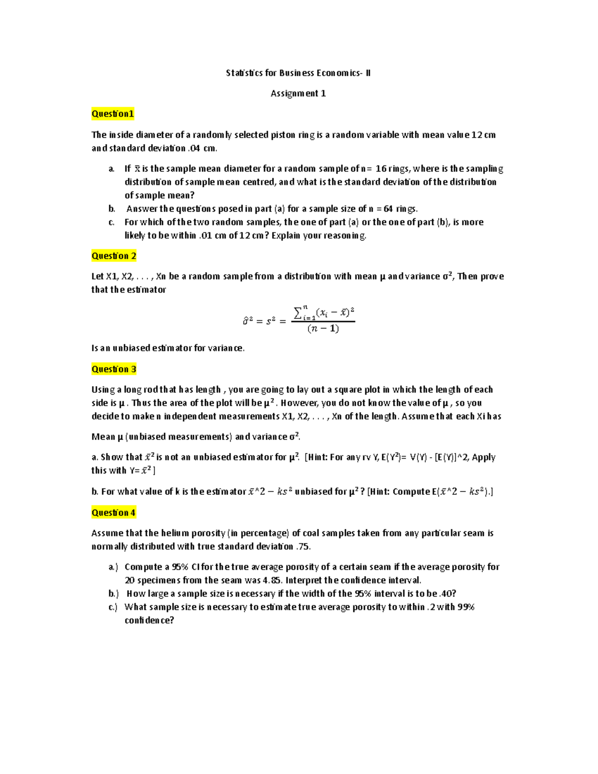 SBE2 Assignment 1: Sampling Distributions and Estimators in Statistics ...