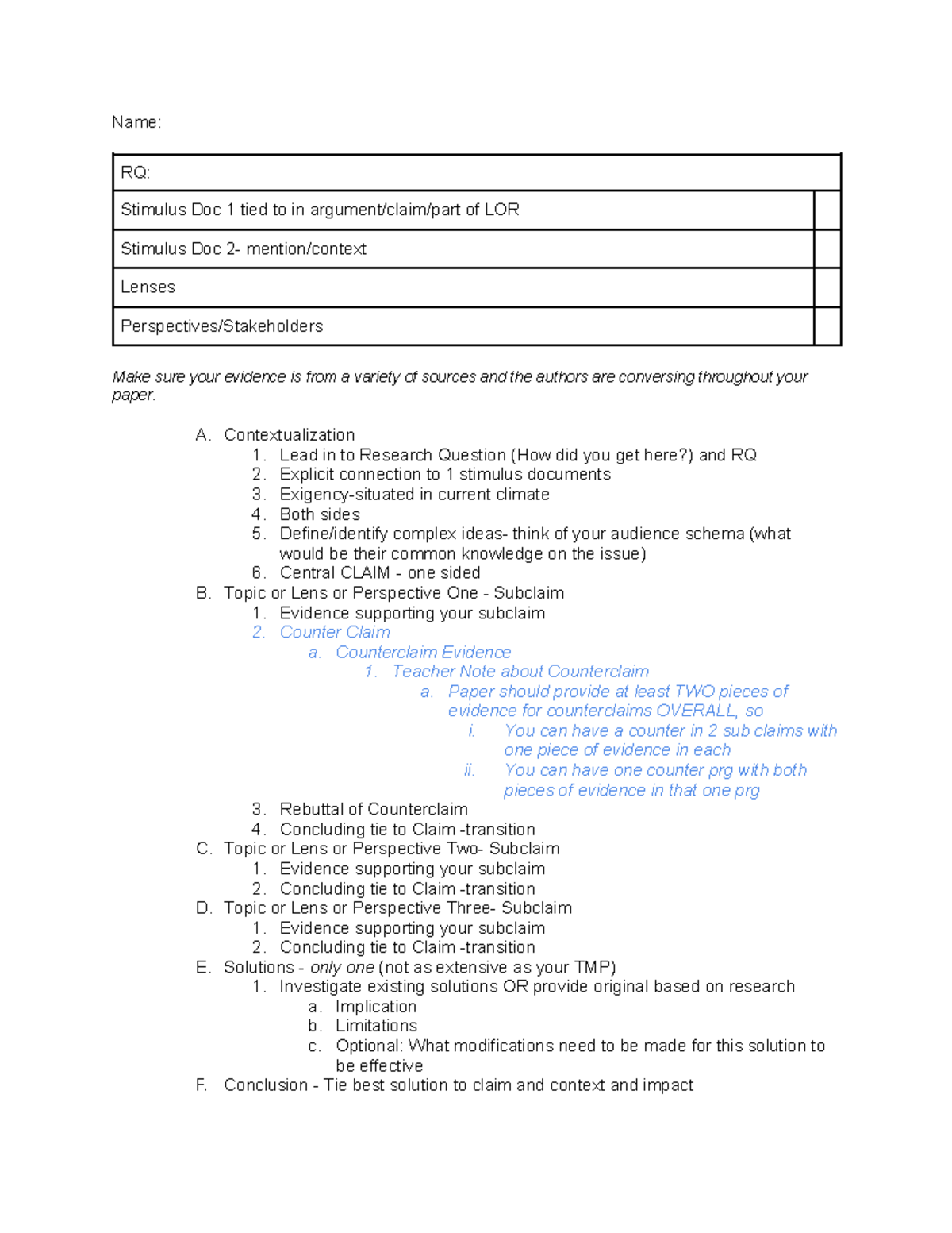 Iwa outline - Name: RQ: Stimulus Doc 1 tied to in argument/claim/part ...