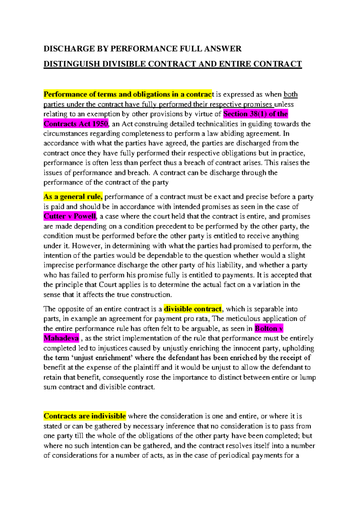 Discharge BY Performance FULL Answer - DISCHARGE BY PERFORMANCE FULL ...