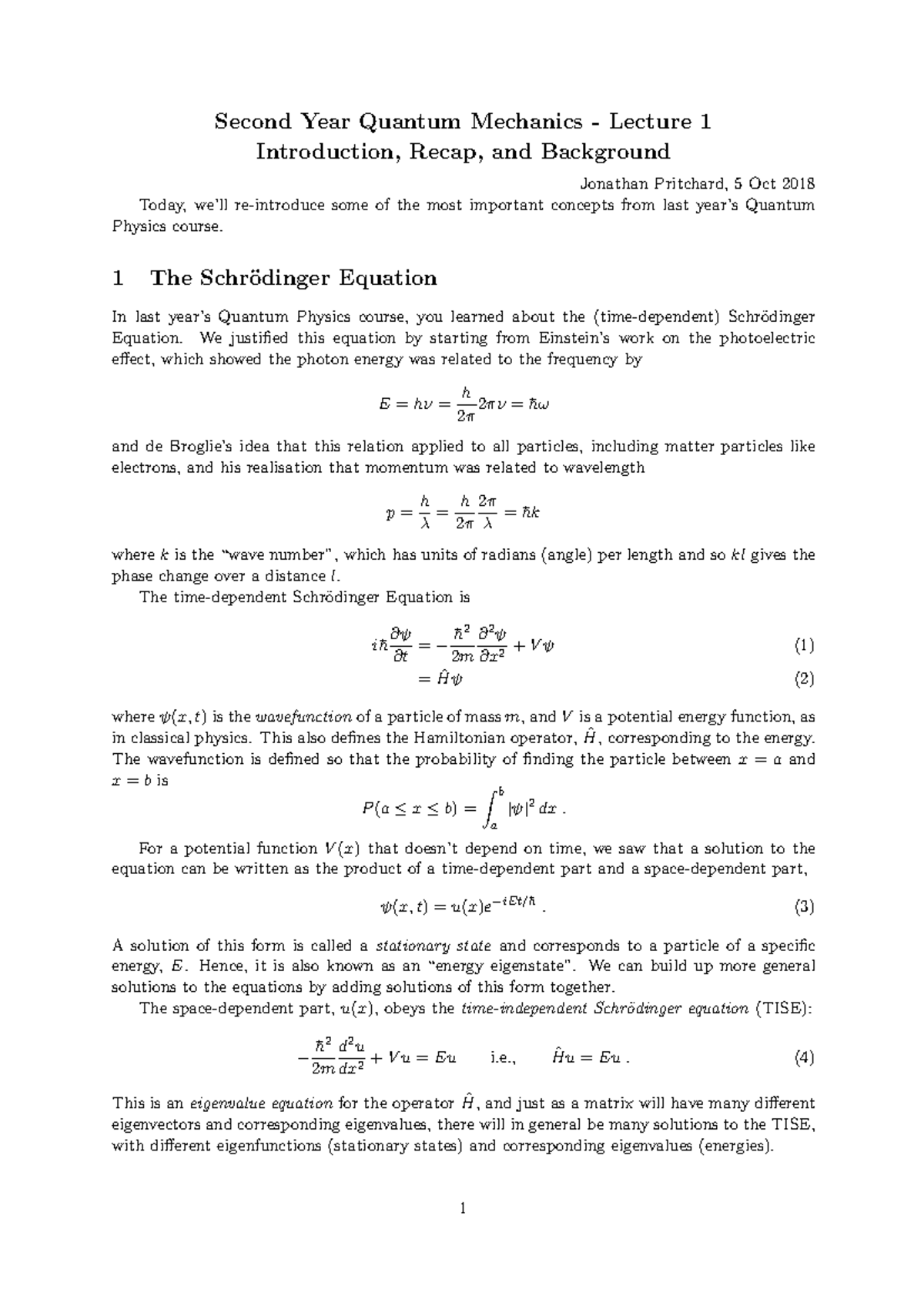 Second Year Quantum Mechanics Lecture Notes: Concepts and Applications ...