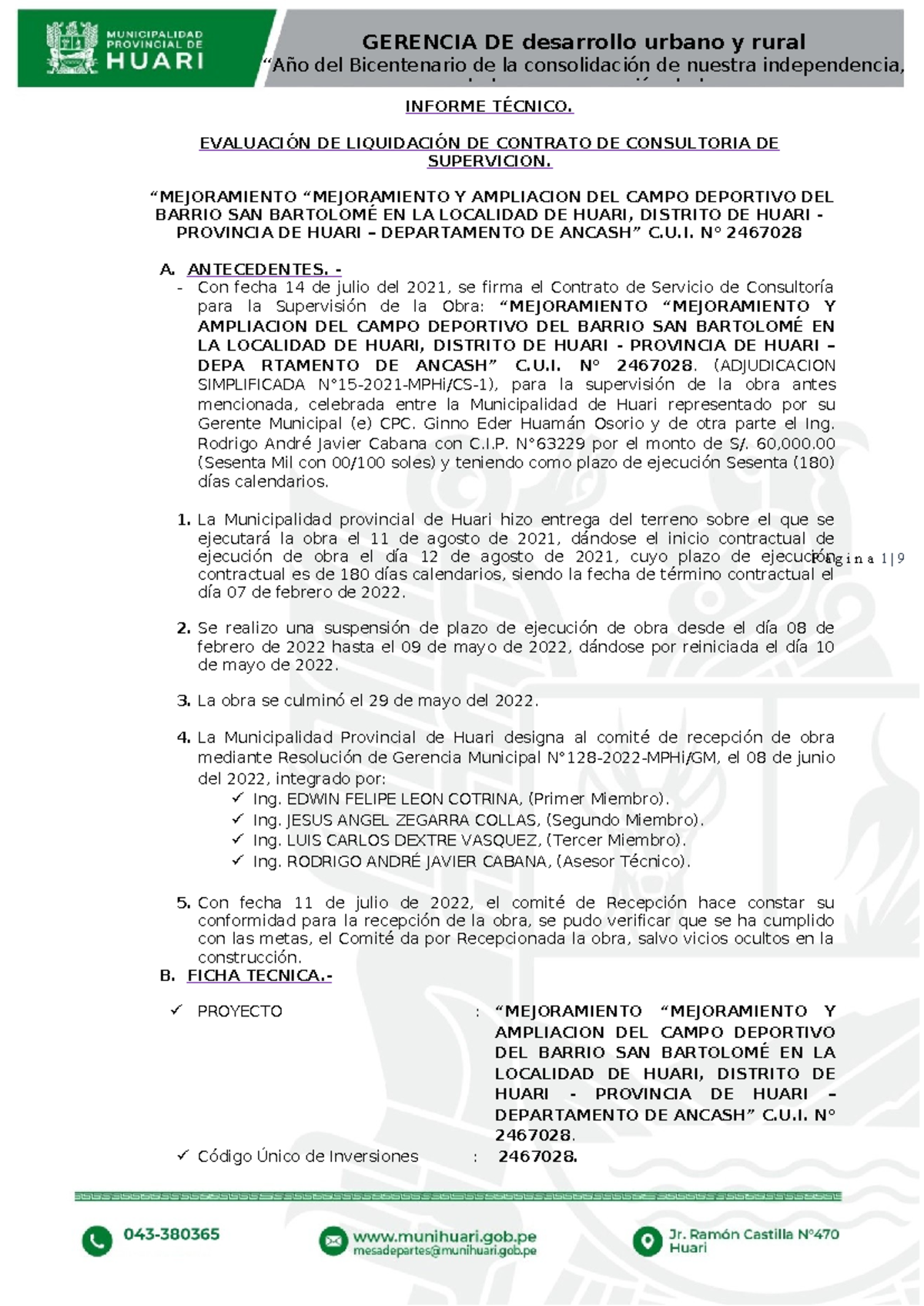Informe Tecnico DE Solicitud DE Presupuesto DE Letras Plaza - “Año del ...