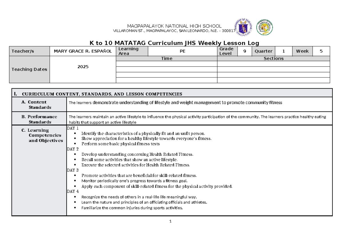 DLL Matatag PE 9 Q1 W5 Weekly Lesson Log on Fitness & Health - Studocu