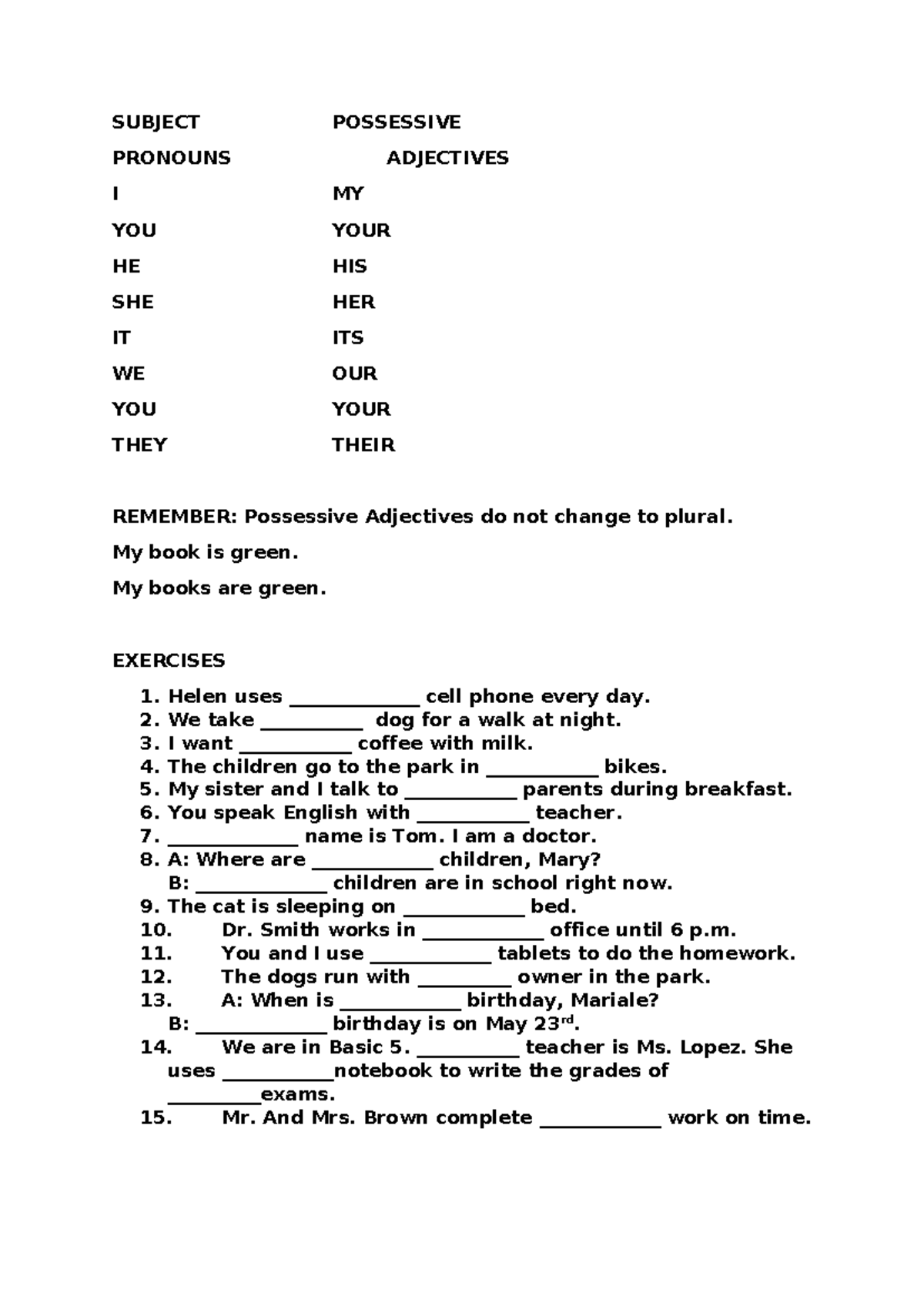 Possessive Adjectives and Pronouns Exercises for Basic 5 - Studocu