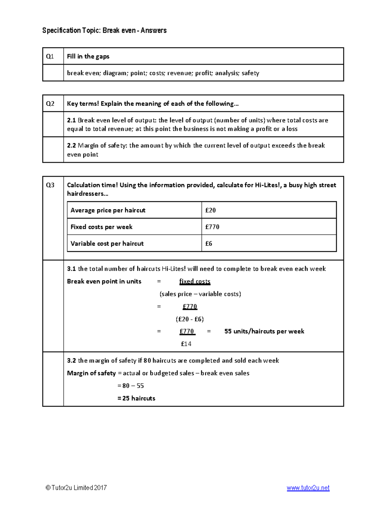 Break Even Analysis - Answers & Calculations for Q1-Q4 - Studocu