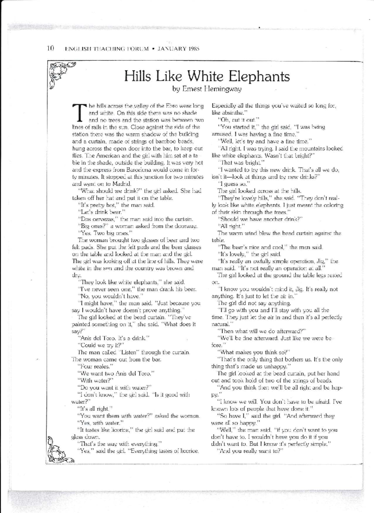 Hills Like White Elephants - Analysis & Discussion Notes (ENG 10) - Studocu