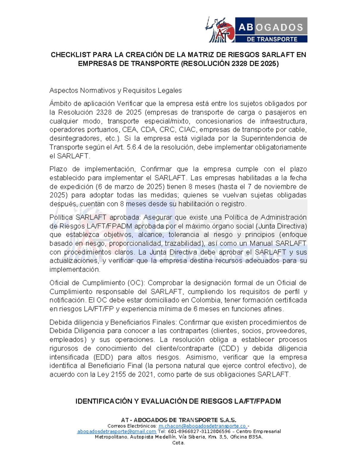 Checklist para la Creación de la Matriz de Riesgos SARLAFT en Transporte - Document Preview