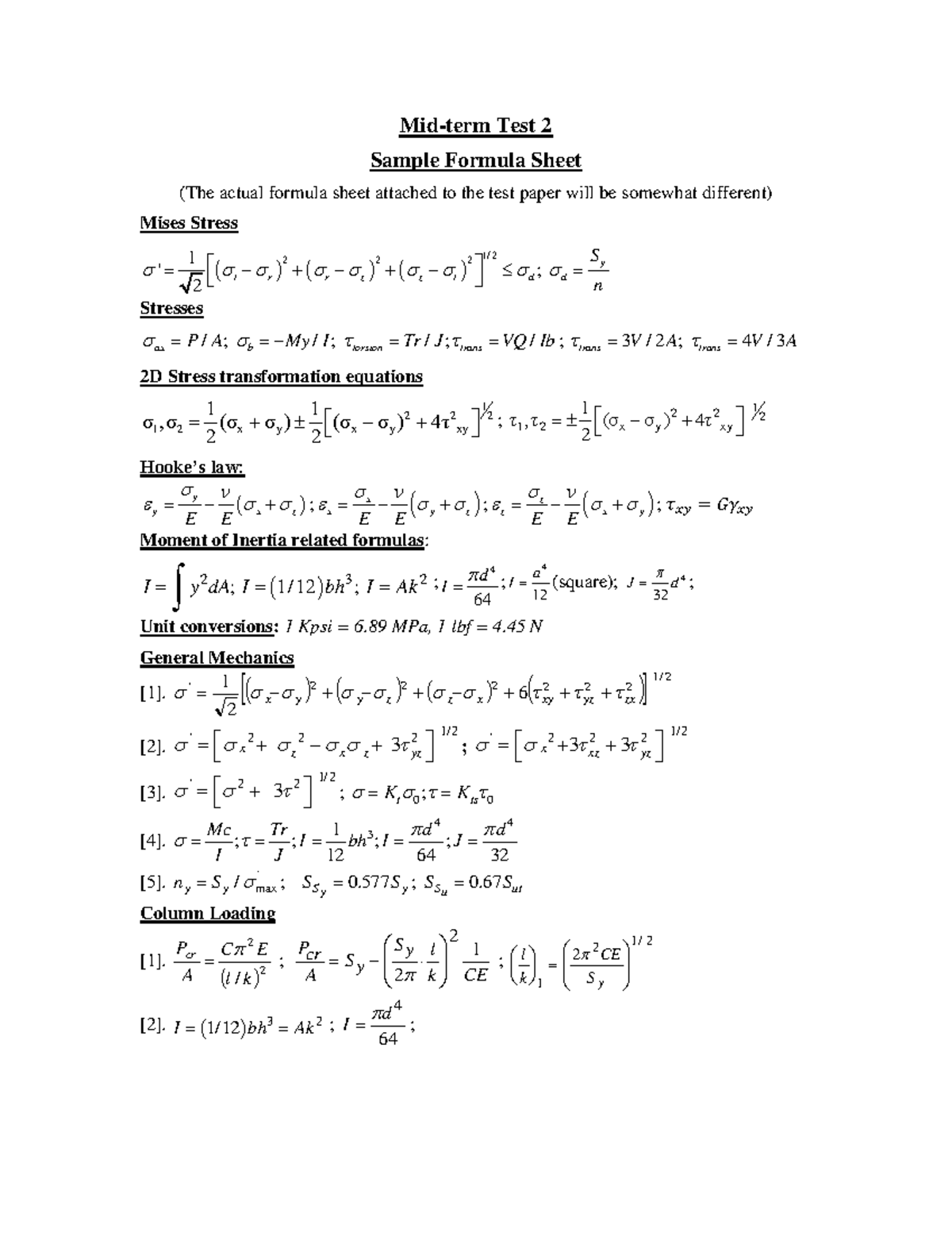 Midterm Test 2: Essential Formula Sheet for Mechanics - Studocu