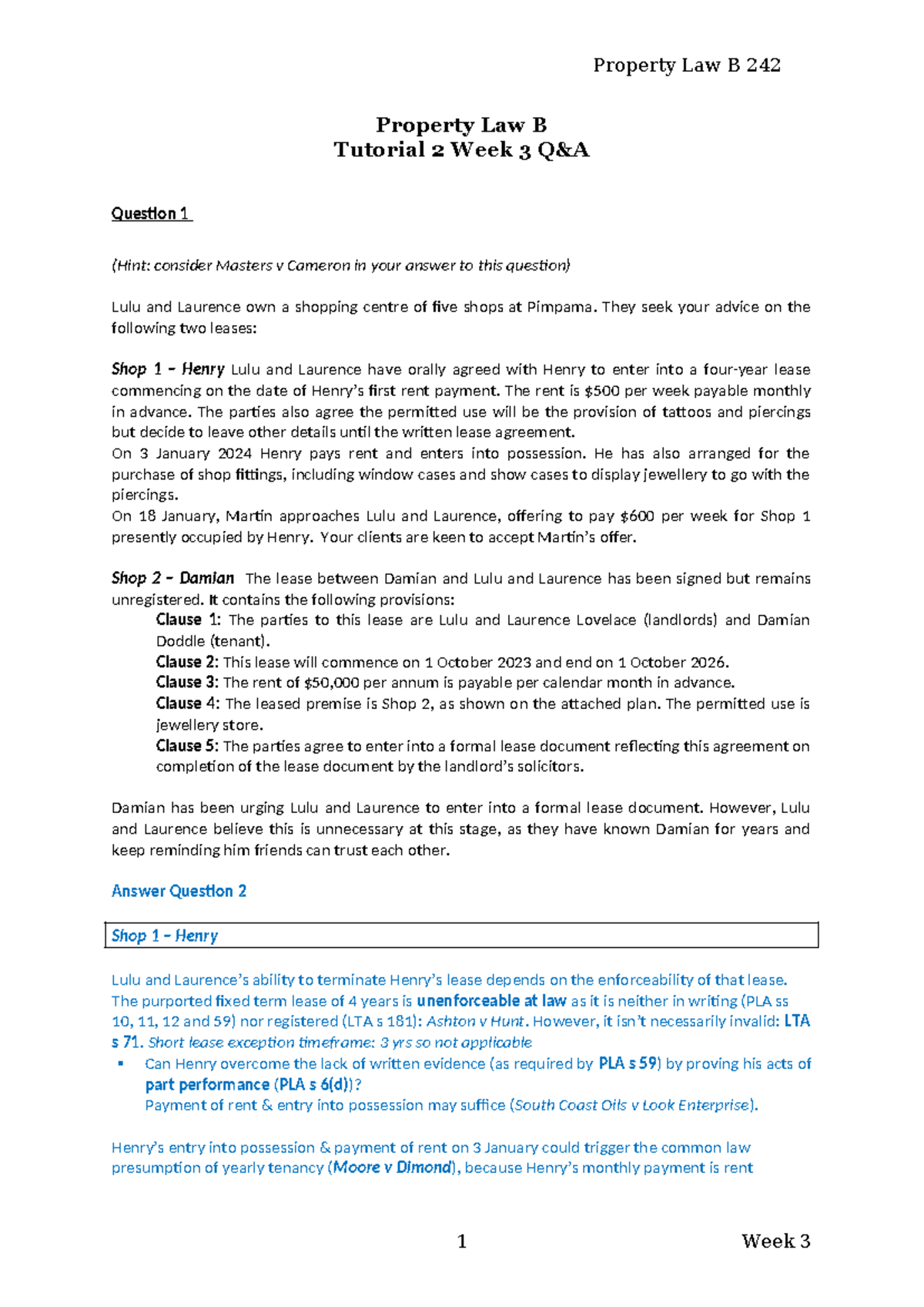 Property Law B: Tutorial 2 Week 3 Q&A Analysis and Discussion - Studocu