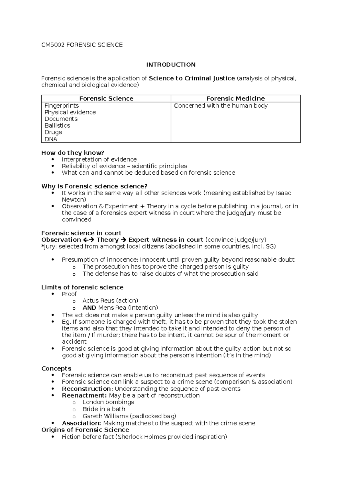 CM5002 Forensic Science Lecture Notes and Concepts Summary - Studocu