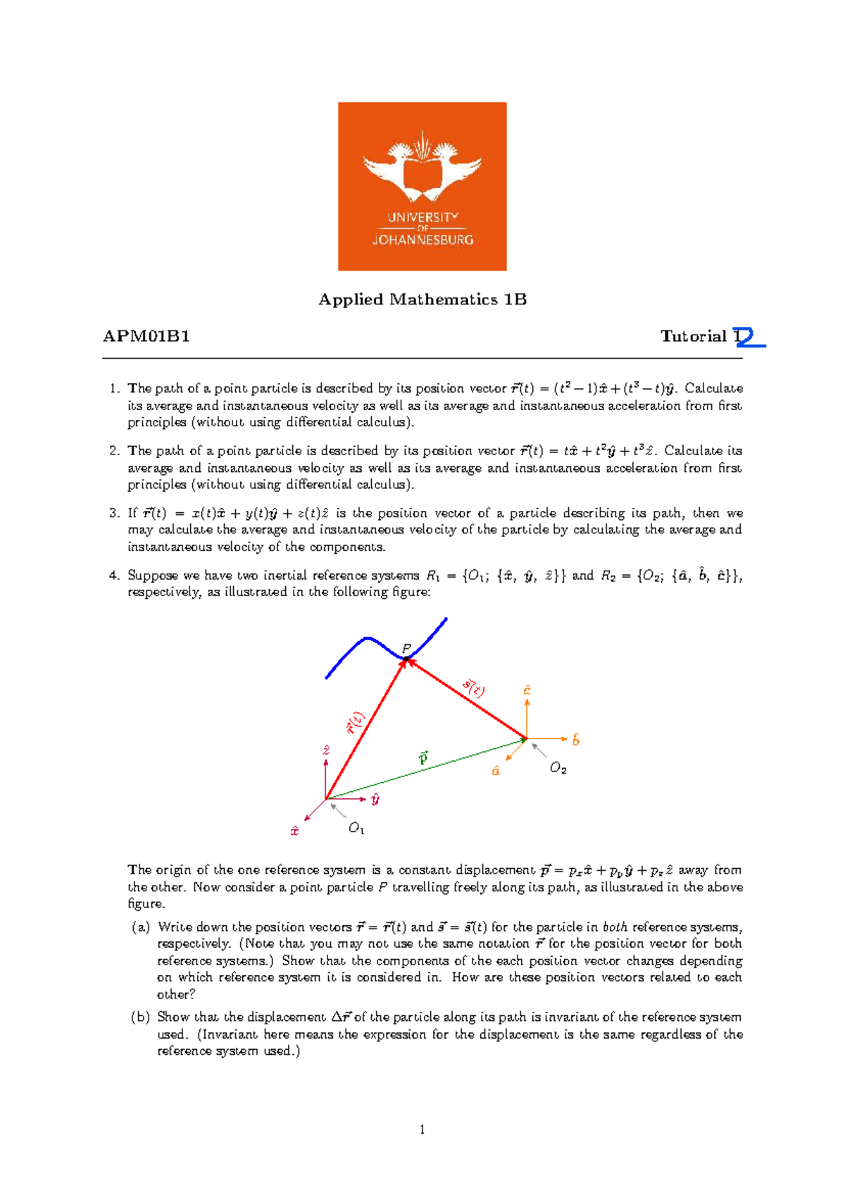 Applied Mathematics 1B APM01B1 Tutorial 1: Velocity & Acceleration ...