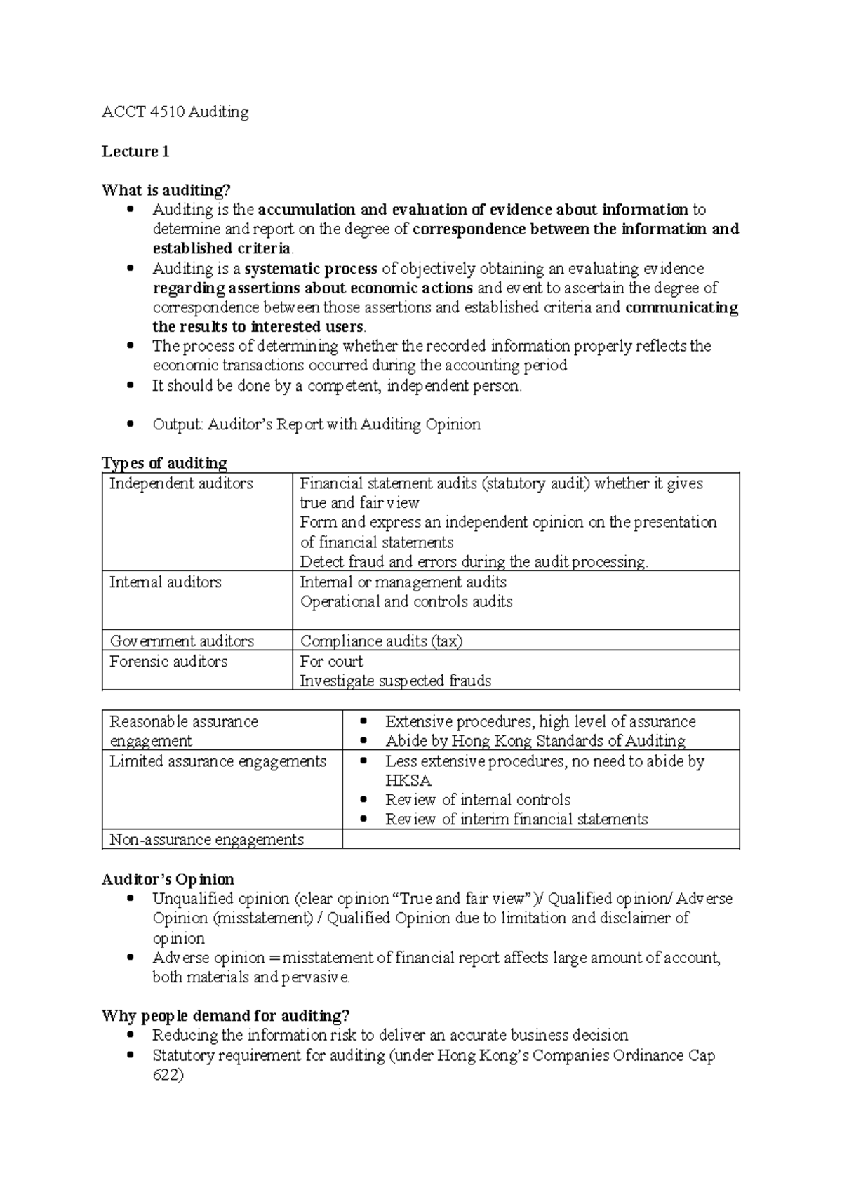 ACCT 4510 Auditing Lecture Notes: Understanding Auditing Fundamentals ...