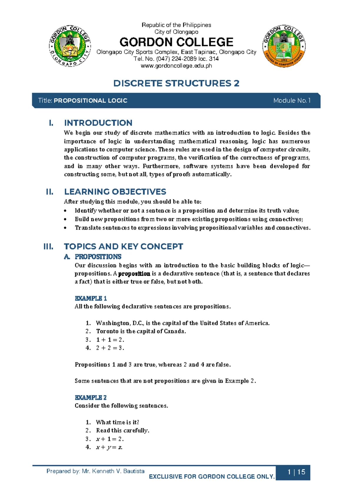 **Title: DISCRETE STRUCTURES 2 - Module 1: Propositions and Logic ...