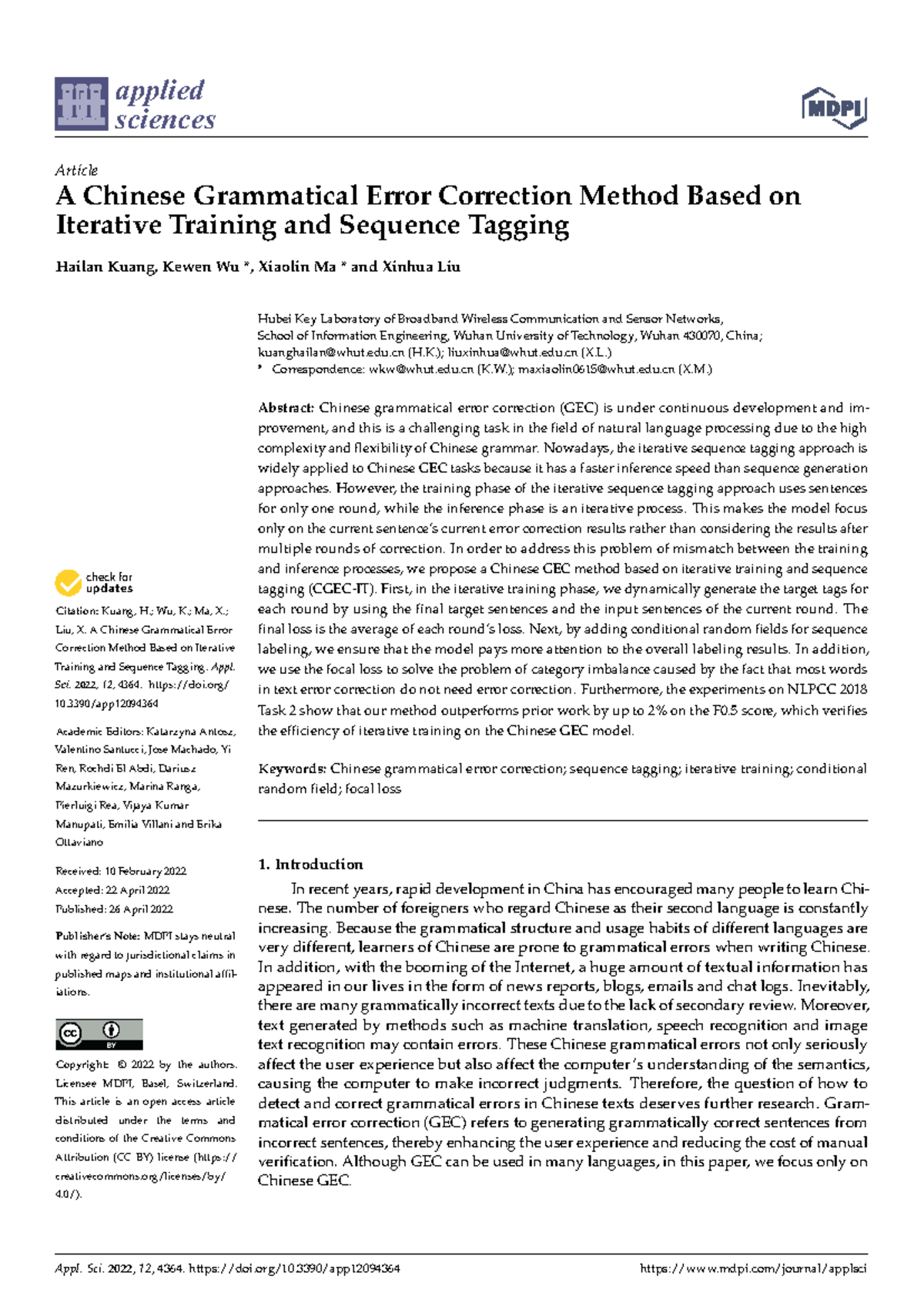 A Chinese Grammatical Error Correction Method Based on Iterative ...