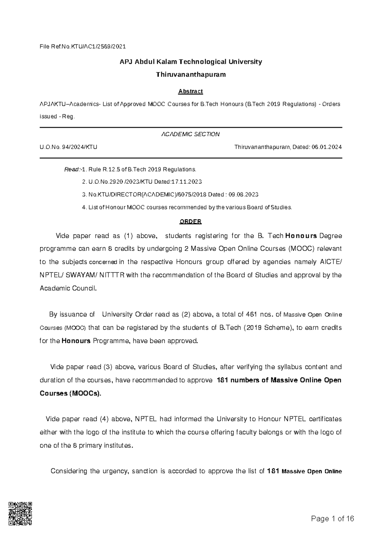 Approved MOOC Courses List for B.Tech Honours - 94-2024-KTU - Studocu