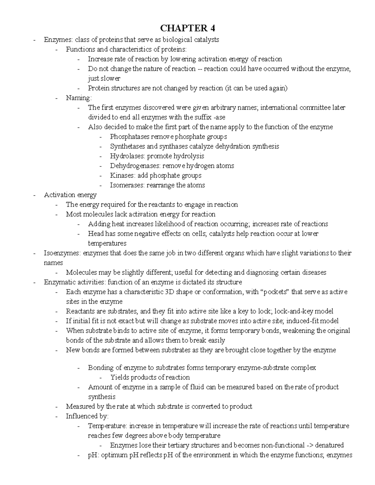 Biosc 048 chapter 4 enzymes and energy notes - CHAPTER 4 Enzymes: class ...