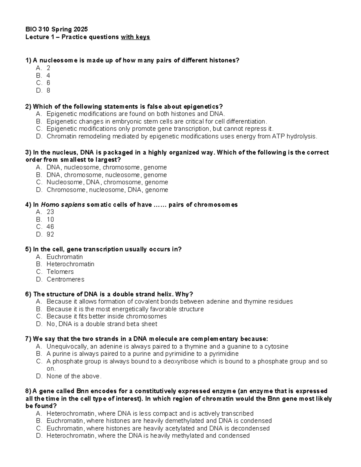 Lecture 1 - Practice Questions - BIO 310 Spring 2025 Lecture 1 ...