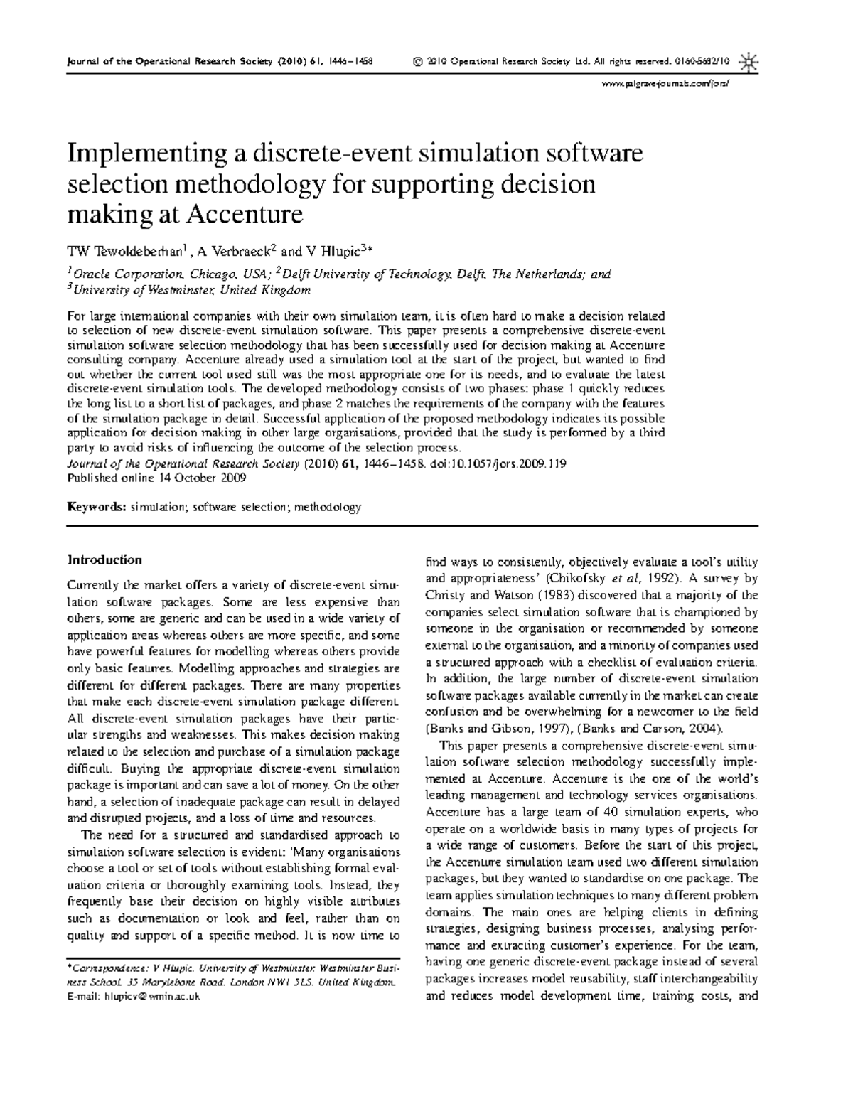 Lecture Notes on Simulation Software Selection Methodology for ORG 2020 ...