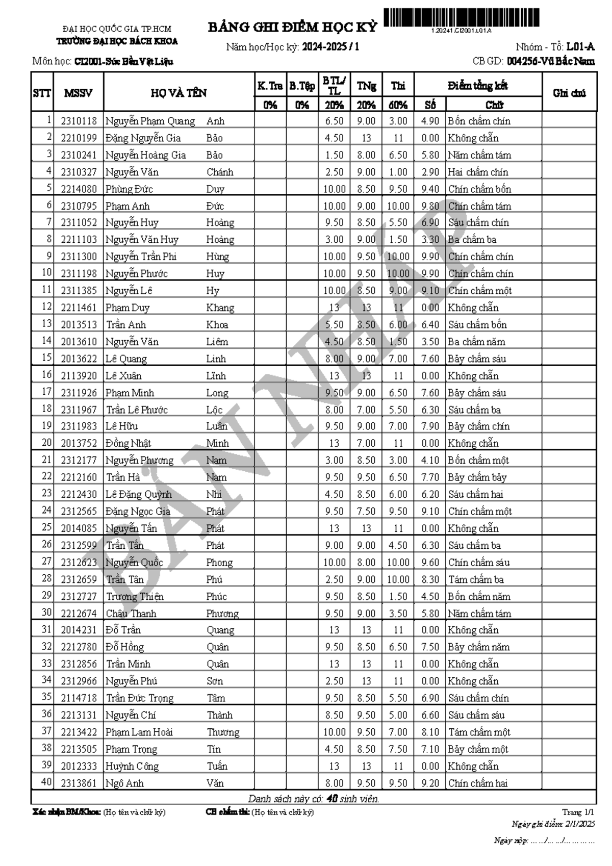 Bang diem nhap - 1.20241.CI2001 - BẢN NHÁP ĐẠI HỌC QUỐC GIA TP BẢNG GHI ...