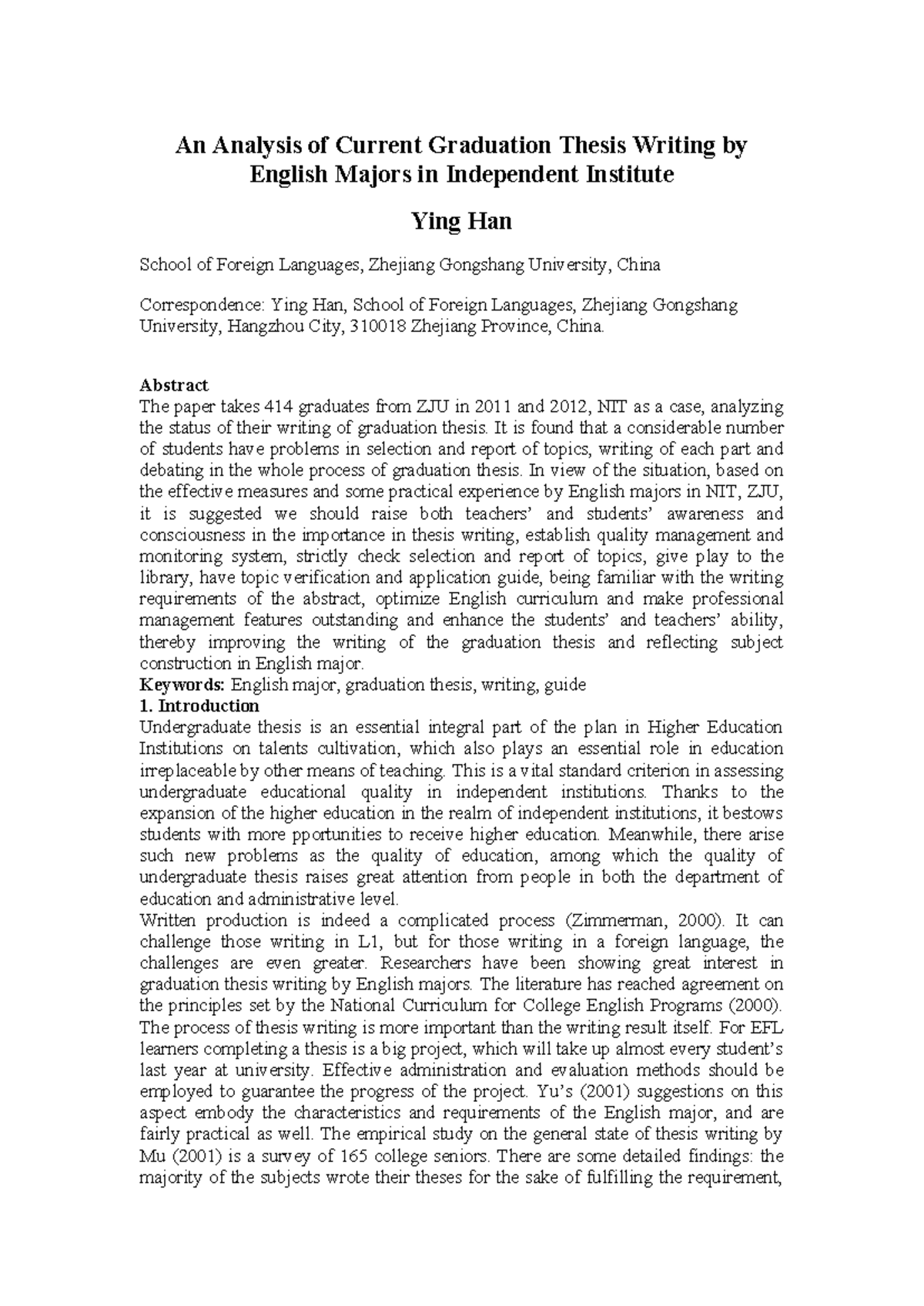 An Analysis of Graduation Thesis Writing Issues for English Majors at ...