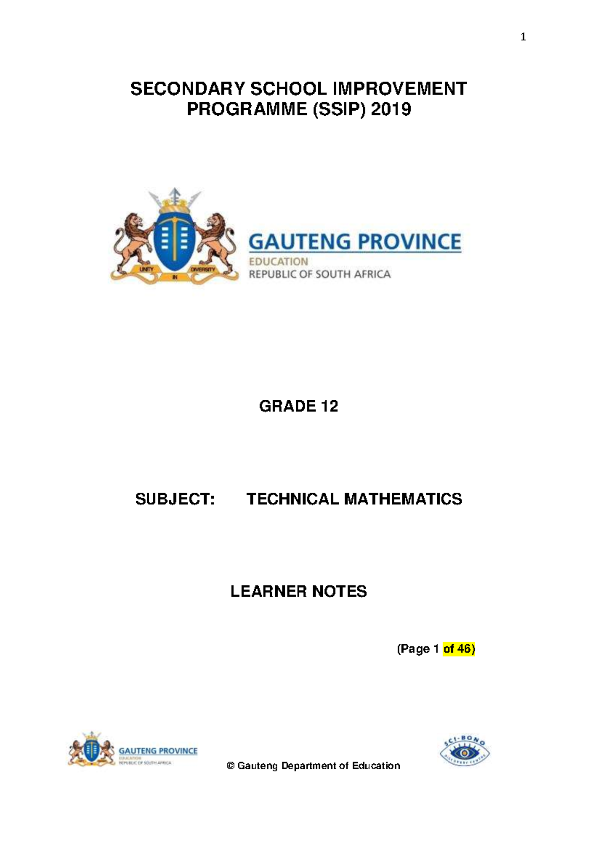 SSIP 2019 GRADE 12 TECHNICAL MATHS LEARNER NOTES: SESSIONS 1-6 - Studocu