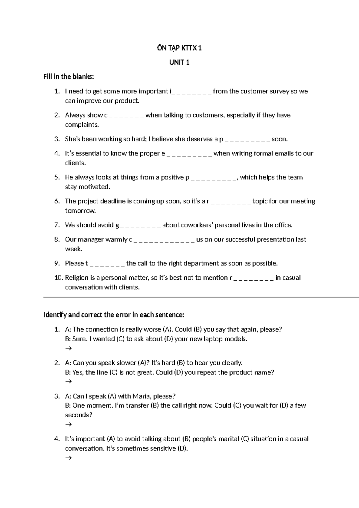 ÔN TẬP KTTX 1 TATM1: Fill in the Blanks & Error Correction Exercises ...