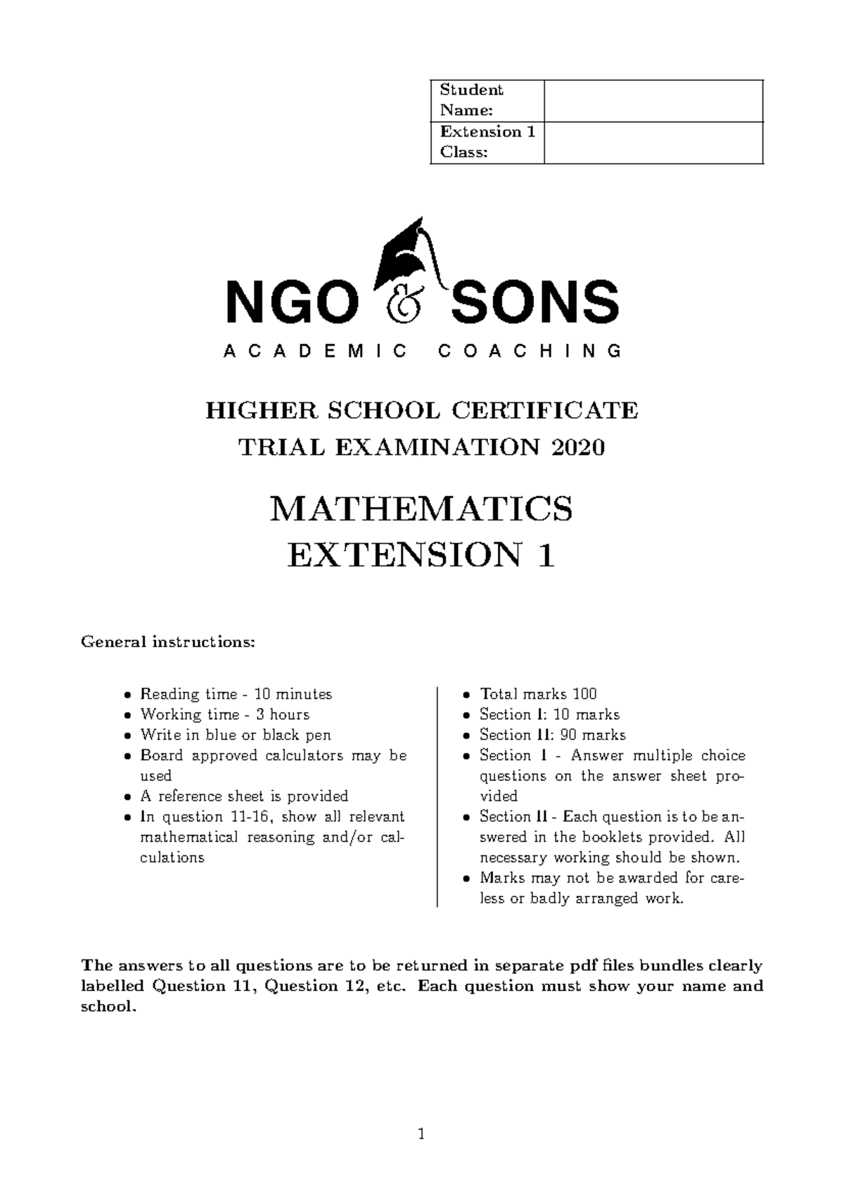 NGO 2020 Extension 1 - Mathematics Trial Exam Past Paper - Studocu