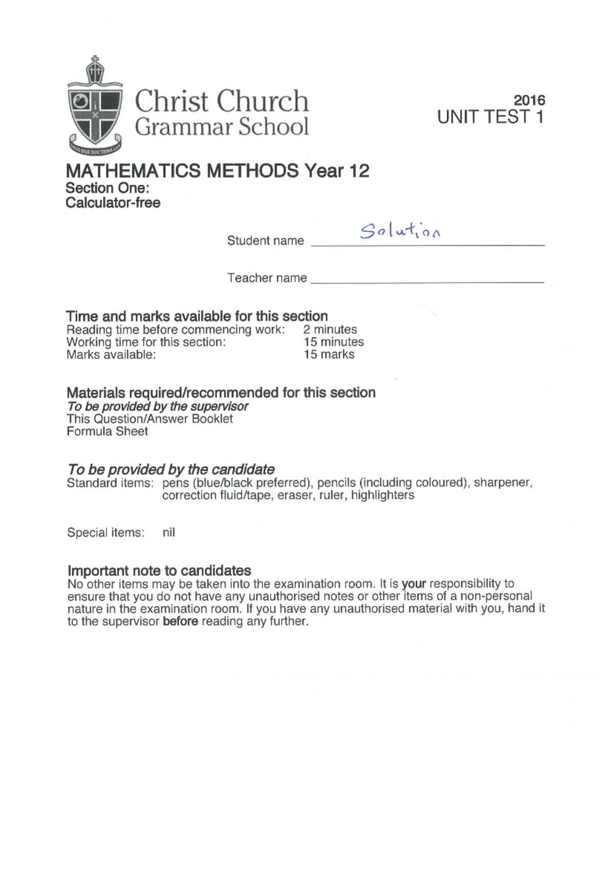Christ Church 2016 Year 12 Mathematics Methods Unit Test 1 - Studocu
