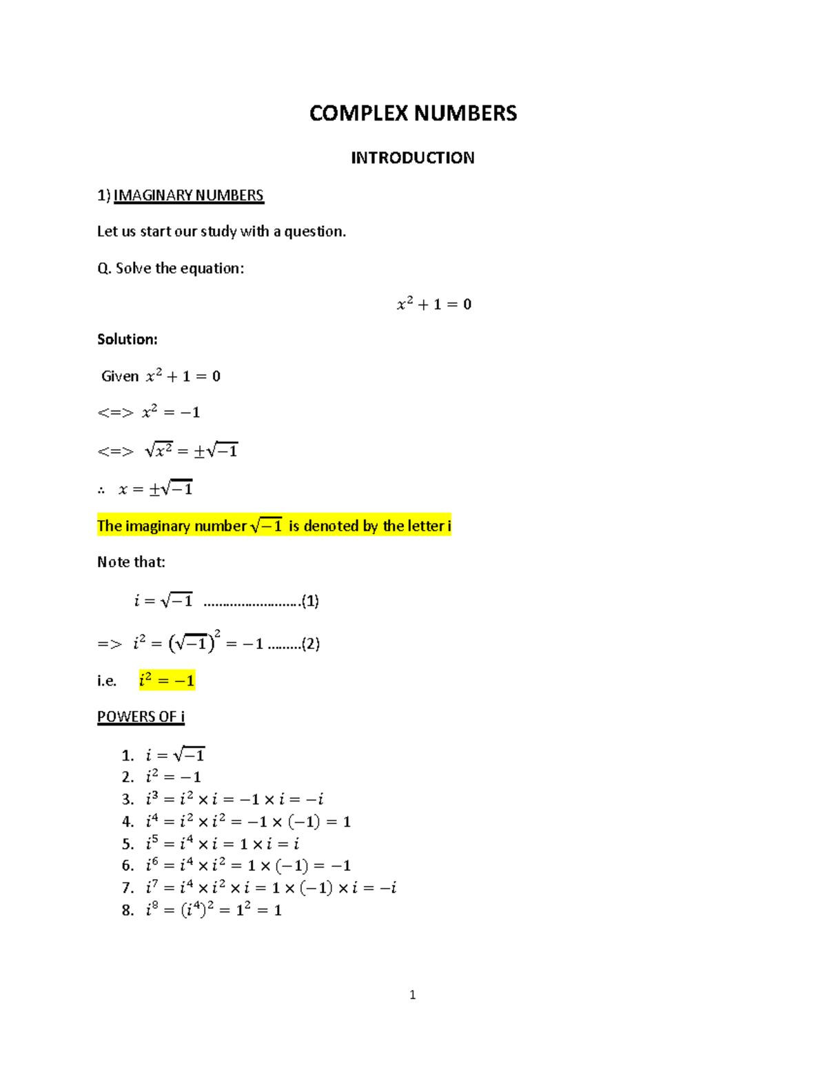 Complex Numbers Introduction for MA110: Imaginary Numbers and ...