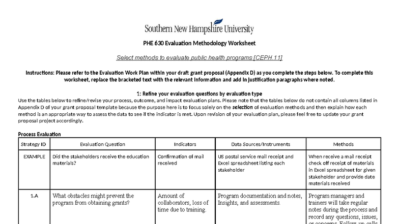 PHE 630 Evaluation Methodology Worksheet for Public Health Programs ...