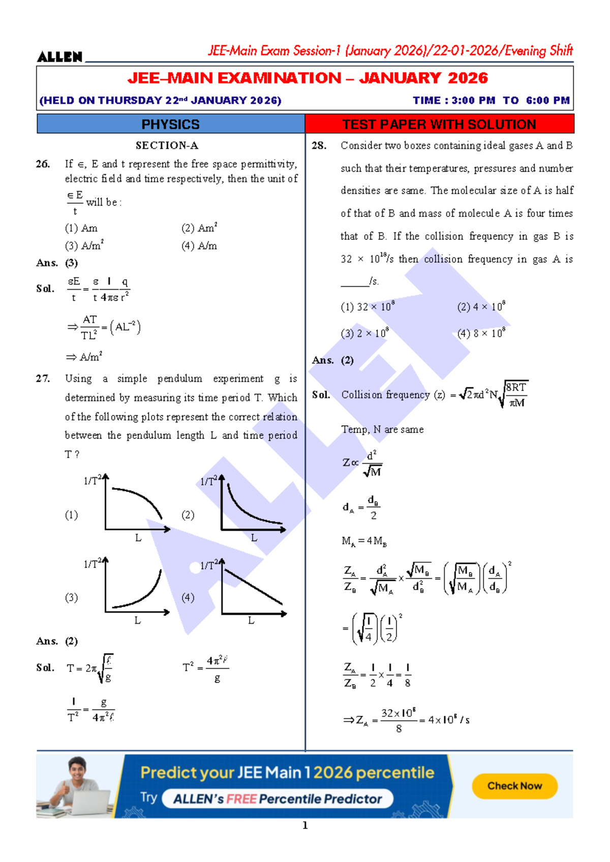 Solved JEE Main Paper - January 2026 Examination with Solutions - Studocu
