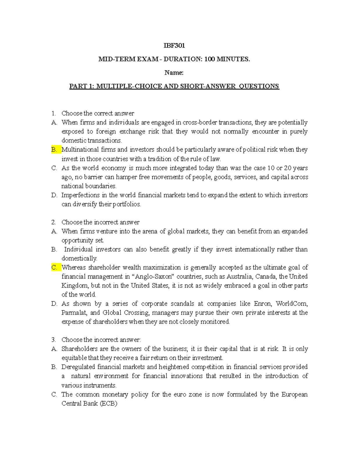 IBF MID-TERM TEST 2023: Questions on International Finance Concepts ...