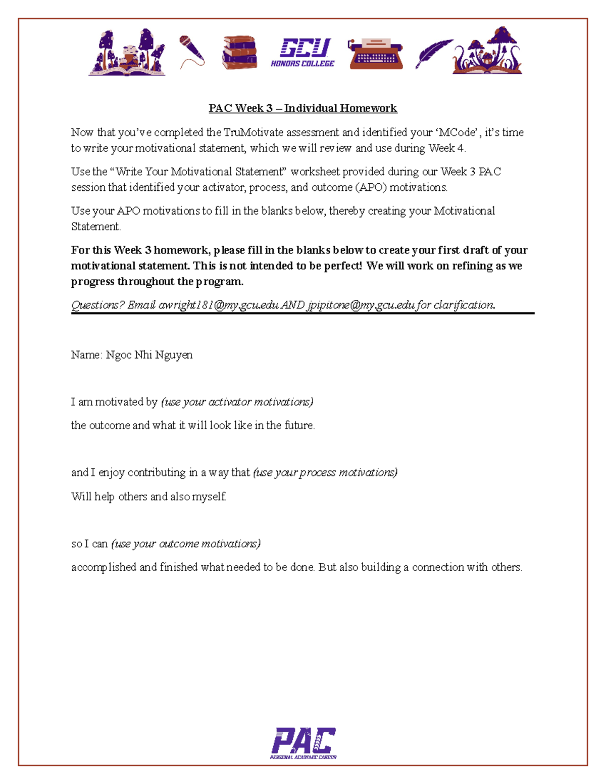 PAC 1 Week 3 - Individual Homework: Motivational Statement Draft - Studocu